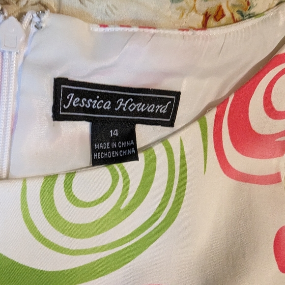 Jessica Howard Sleeveless Dress Green and Pink Swirls with ribbon belt - Picture 5 of 8